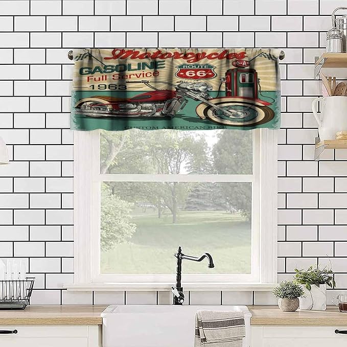 Retro Motorcycle Valance Curtain Vintage Classic Old Car Gas Station Rod Pocket Valance Window Treatments Short Curtains for Kitchen Bathroom Farmhouse Living Room Decor 54x18inch