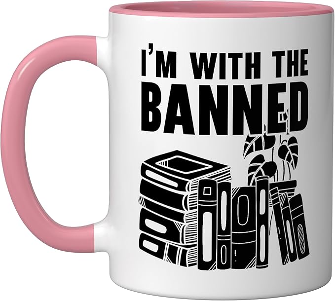 I'm With The Banned Bookworm Book Lover Bibliophile Ceramic Mug, Pink/White