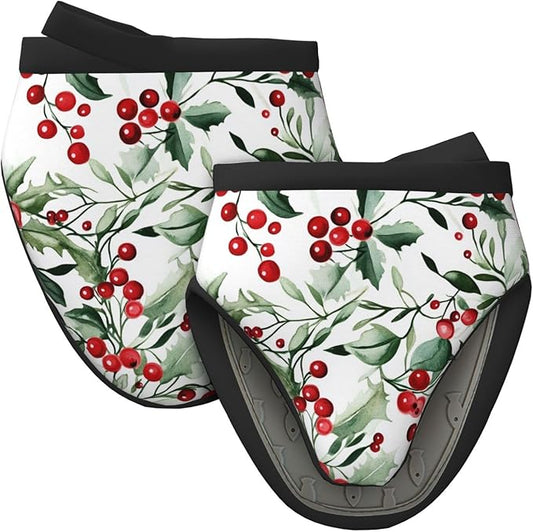 2 Pcs Mini Silicone Oven Mitts Watercolor Holly Berry Heat Resistant Grilling Gloves with Hanging Loop, Merry Christmas Little Kitchen Mittens for Cooking Baking BBQ