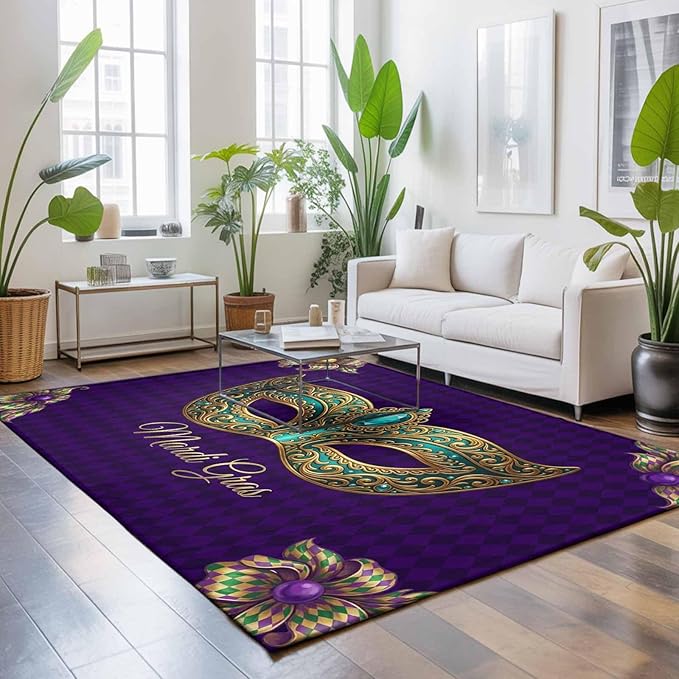 Area Rug 4x6ft, Mardi Gras Mask Purple Plaid Washable Rugs for Living Room Bedroom, Abstract Blossom Floral Soft Non-Slip Area Rugs Rectangle Floor Carpet for Dining Room