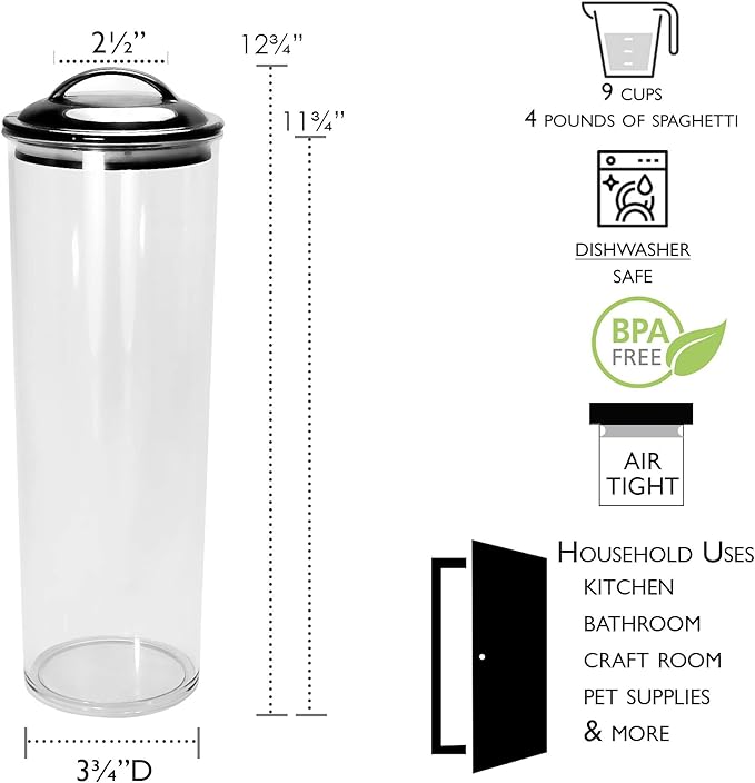 Reston Lloyd Tall Clear Spaghetti Pasta Storage Canister Container with Airtight Lid BPA Free for Kitchen Pantry Organization, Lemon