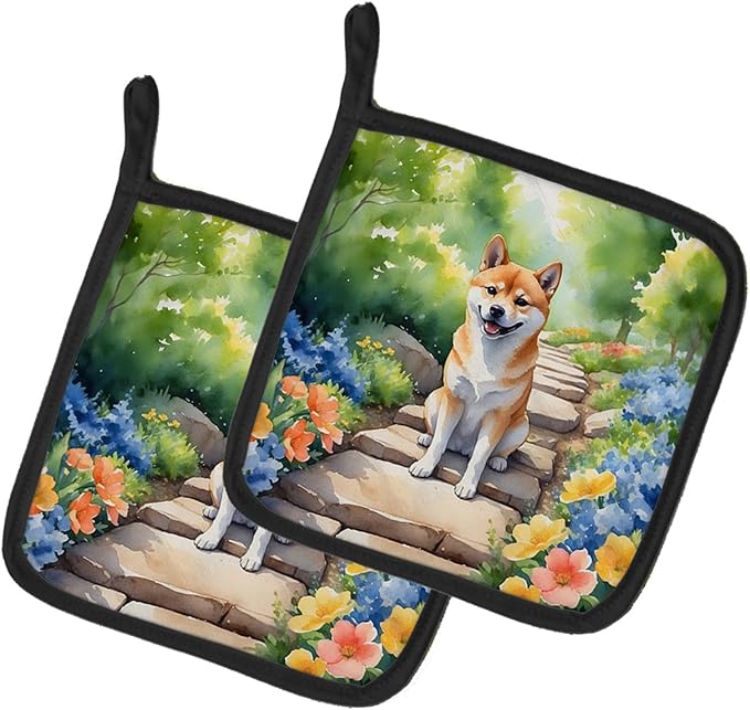 Caroline's Treasures Shiba Inu Spring Path Pair of Pot Holders Kitchen Heat Resistant Pot Holders Sets Oven Hot Pads for Cooking Baking BBQ, 7 1/2 x 7 1/2