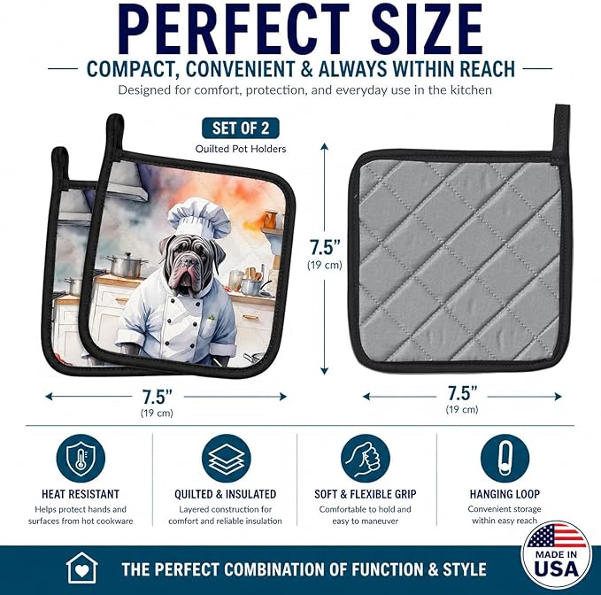 Caroline's Treasures Neapolitan Mastiff The Chef Pair of Pot Holders Kitchen Heat Resistant Pot Holders Sets Oven Hot Pads for Cooking Baking BBQ, 7 1/2 x 7 1/2