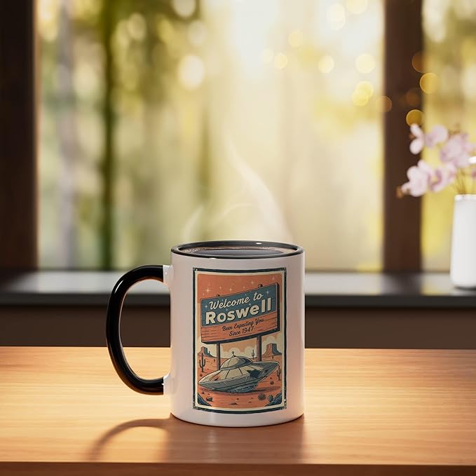 Roswell UFO Retro Tourism Souvenir Flying Saucer Crash Alien Ceramic Mug, Black/White