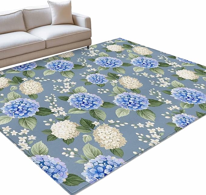 Area Rug 3x5ft, Watercolor Purple White Hydrangea Washable Rugs for Living Room Bedroom, Spring Flower on Gray Blue Soft Non-Slip Area Rugs Rectangle Floor Carpet for Dining Room