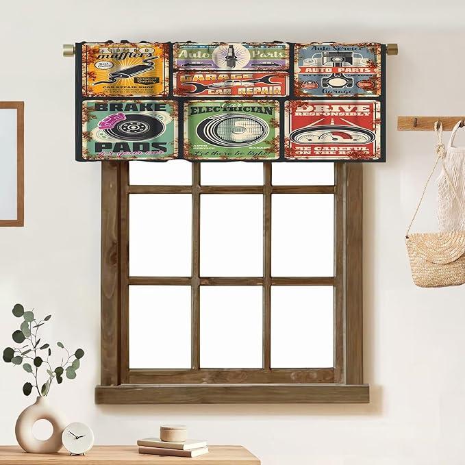 Vintage Style Valance Curtain Garage Or Car Repair Service Rusty Metal Flag. Vehicle Mechanics Workshop, Short Curtains Valances for Kitchen Living Room Decor with Rod Pocket, 1 Panel 54X18 Inches