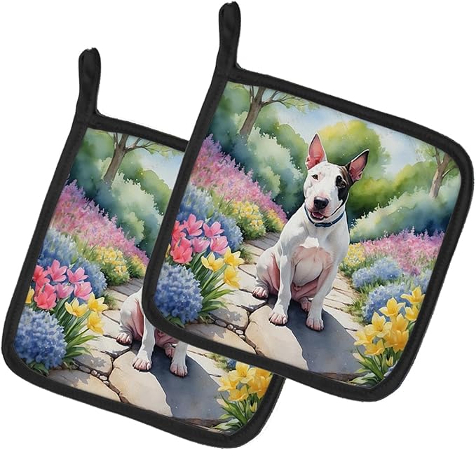 Caroline's Treasures English Bull Terrier Spring Path Pair of Pot Holders Kitchen Heat Resistant Pot Holders Sets Oven Hot Pads for Cooking Baking BBQ, 7 1/2 x 7 1/2