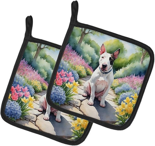Caroline's Treasures English Bull Terrier Spring Path Pair of Pot Holders Kitchen Heat Resistant Pot Holders Sets Oven Hot Pads for Cooking Baking BBQ, 7 1/2 x 7 1/2