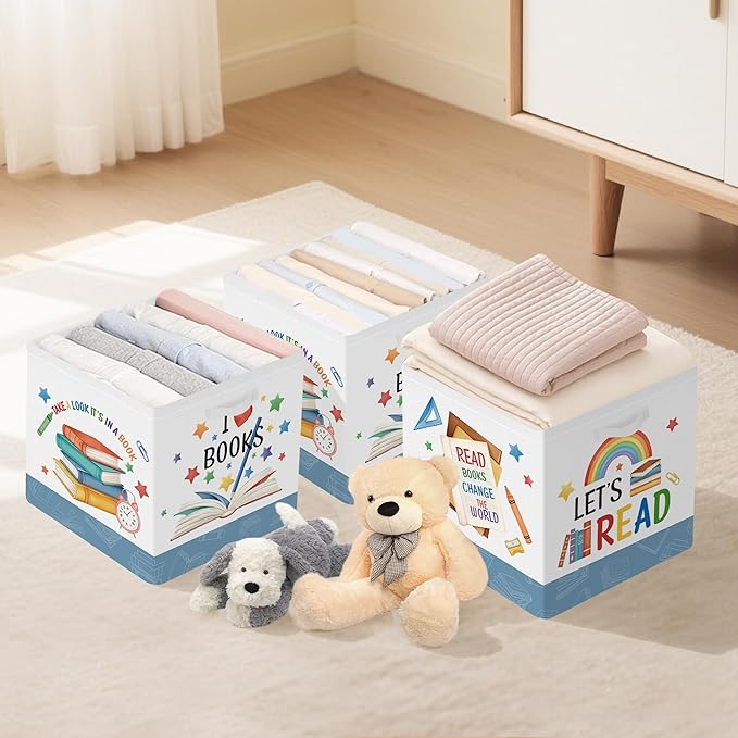 Clastyle Education Storage Cube Organizer Set Handle Closet Clothes Cube with Metal Frame Foldable Parents Organizer Storage Basket for Book Toy,Rainbow Book,11.8x11.8x11.8 in