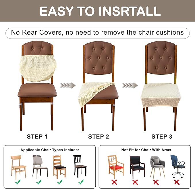 Genina Waterproof Seat Covers for Chairs,Set of 4 Dining Room Chair Seat Covers for Kitchen,Stretch Jacquard Removable Washable Dining Chair Slipcovers Protectors,No Rear Covers, Light Grey