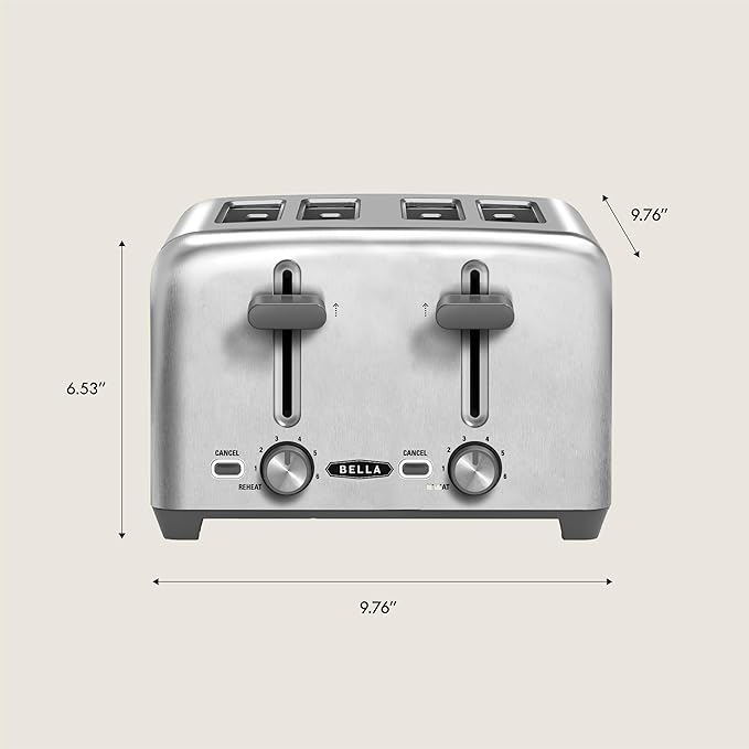 bella 4 Slice Toaster with Auto Shut Off, Extra Wide Slots and Removable Drop-Down Crumb Tray with Cancel and Reheat Function, For Texas Toast, Large Bread & Bagel, Stainless Steel