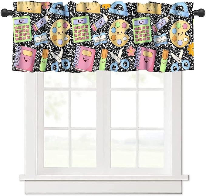 School Supplies Valance, Kids Cute Cartoon Educational Learning Tools Window Treatment for Kitchen Dining Room Bedroom Classroom, 54x18Inch