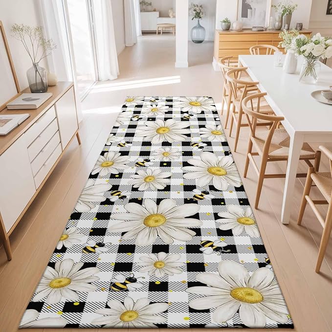 Runner Rug for Bedroom Hallway, Farmhouse Blossom Flower Bee Kitchen Runner Rugs Area Rug 2x6ft, Spring Daisy Black White Plaid Washable Soft Floor Carpet for Entryway Stair