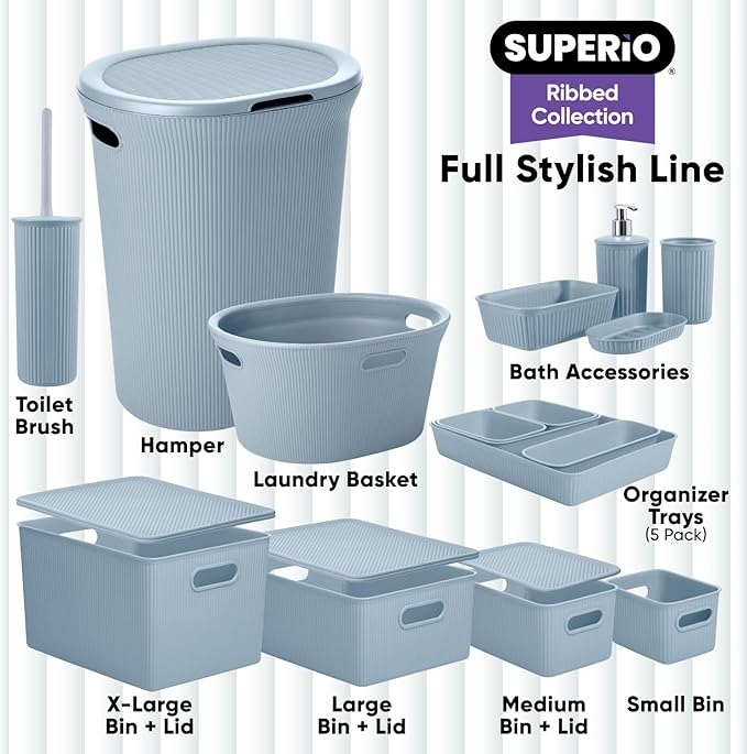 Superio Ribbed Collection - Decorative Plastic Basket Open Home Storage Bins Organizer, X-Large Blue (6 Pack) Container Boxes for Organizing Closet Storage Bins for Shelves 22 Liter/23 Quart