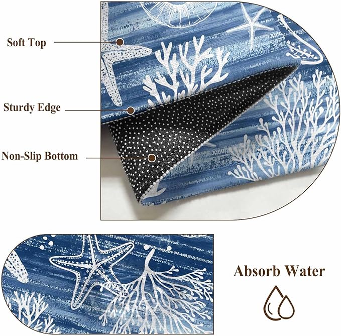 Navy Blue Coastal 4ft Round Rug, Ocean Coral Starfish Non-Skid Rubber Backing Large Area Rugs - Living Room Bedroom Home Office, Summer Beach Indoor Floor Mat Carpets Washable Rug