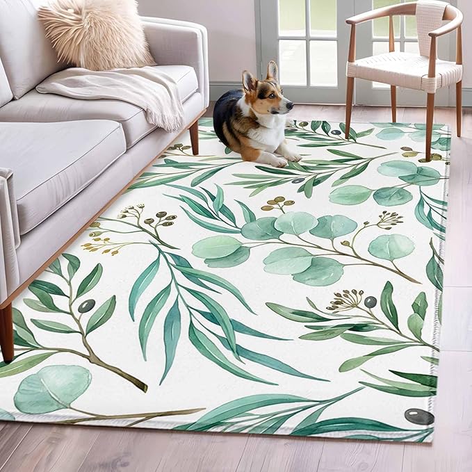 Area Rug 4x6ft, Watercolor Eucalyptus Leaves Washable Rugs for Living Room Bedroom, Spring Green Foliage Branch Soft Non-Slip Area Rugs Rectangle Floor Carpet for Dining Room