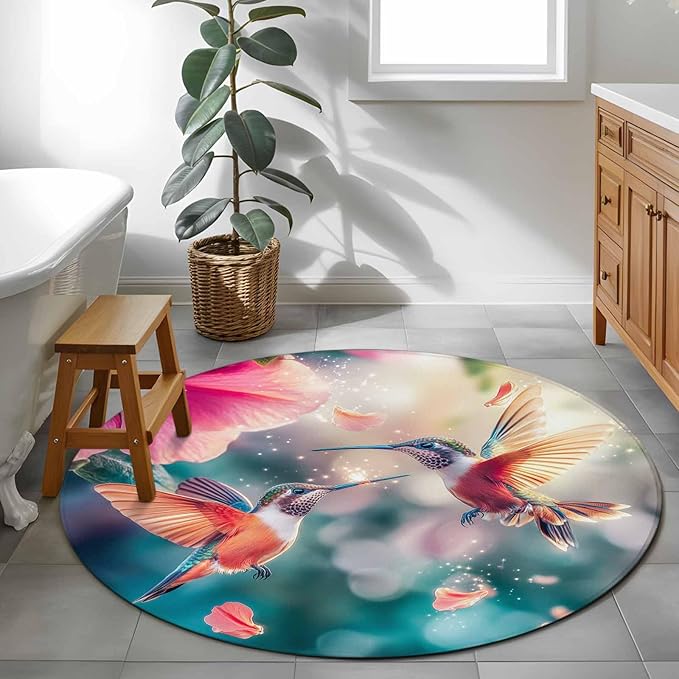 Washable Round Area Rug Spring Hummingbird Pink Petals Flowers Circle Rugs Floor Carpet for Living Room Bedroom, Dreamlike Animal Focus Scenery Soft Non Slip Round Rug 4ft