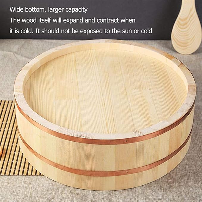 30cm/11.8Inch Wooden Sushi Rice Bowl - Home Kitchen Hangiri Sushi Oke Rice Mixing Tub with Copper Banding for Sushi Restaurant