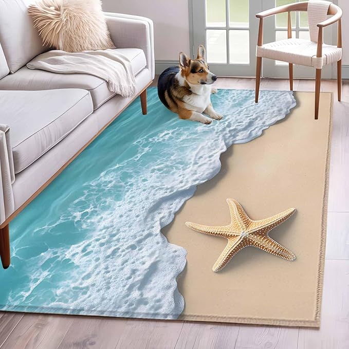 Area Rug 4x6ft, Beach Starfish Teal Sea Water Washable Rugs for Living Room Bedroom, Summer Ocean Theme Soft Non-Slip Area Rugs Rectangle Floor Carpet for Dining Room
