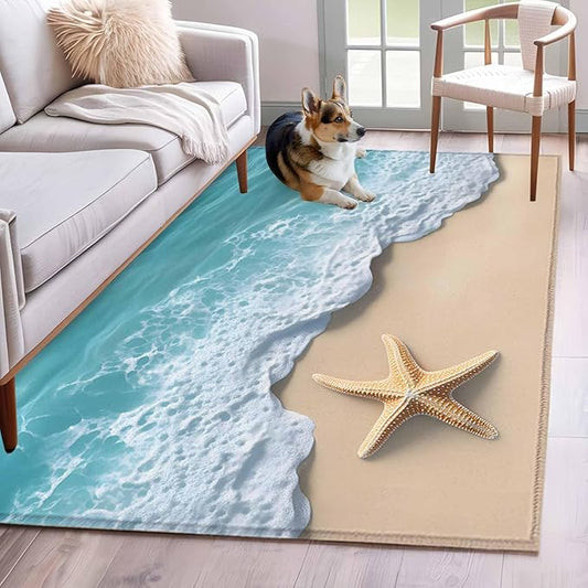 Area Rug 4x6ft, Beach Starfish Teal Sea Water Washable Rugs for Living Room Bedroom, Summer Ocean Theme Soft Non-Slip Area Rugs Rectangle Floor Carpet for Dining Room