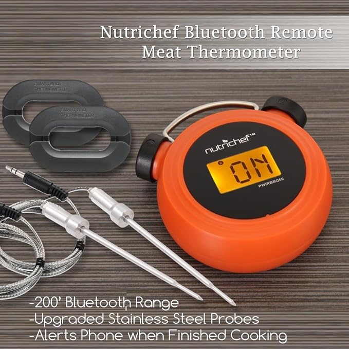 NutriChef Smart Bluetooth BBQ Grill Thermometer - Digital Display, Stainless Dual Probes Safe to Leave in Outdoor Barbecue Meat Smoker - Wireless Remote Alert iOS Android Phone WiFi App - PWIRBBQ60