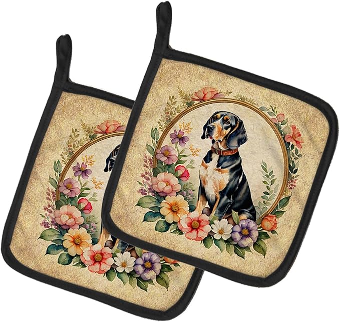 Caroline's Treasures American English Coonhound and Flowers Pair of Pot Holders Kitchen Heat Resistant Pot Holders Sets Oven Hot Pads for Cooking Baking BBQ, 7 1/2 x 7 1/2