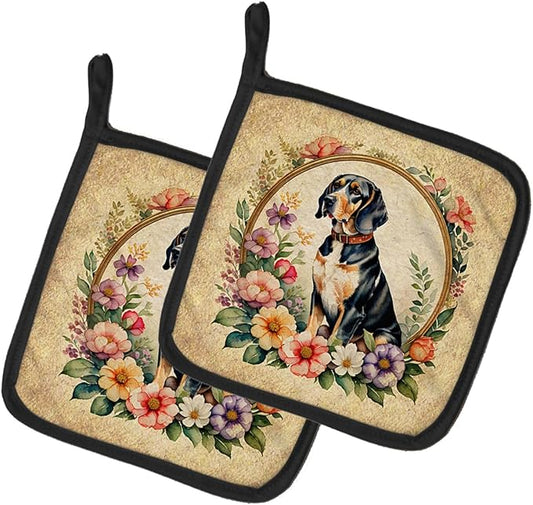 Caroline's Treasures American English Coonhound and Flowers Pair of Pot Holders Kitchen Heat Resistant Pot Holders Sets Oven Hot Pads for Cooking Baking BBQ, 7 1/2 x 7 1/2