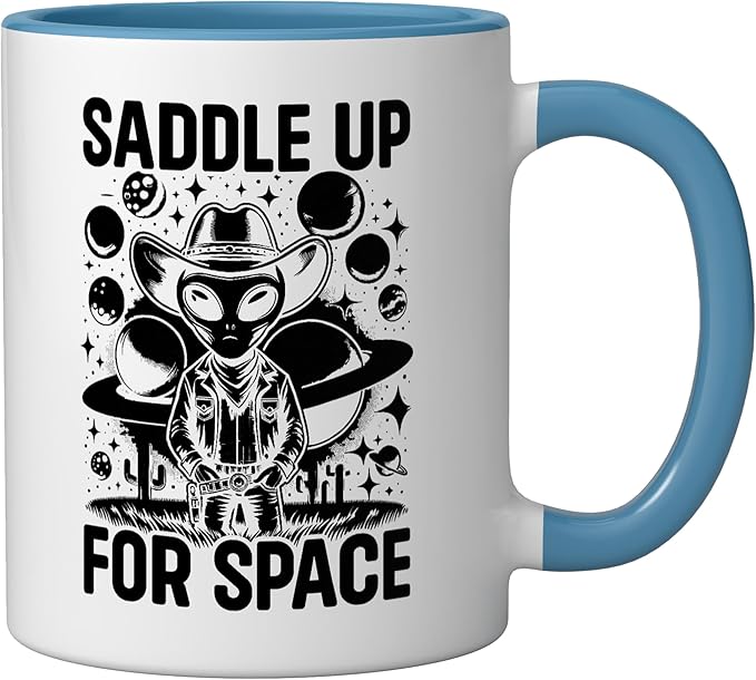 Alien Lover Flying Saucer UFO Extraterrestrial Cowboy Ceramic Mug, Blue/White