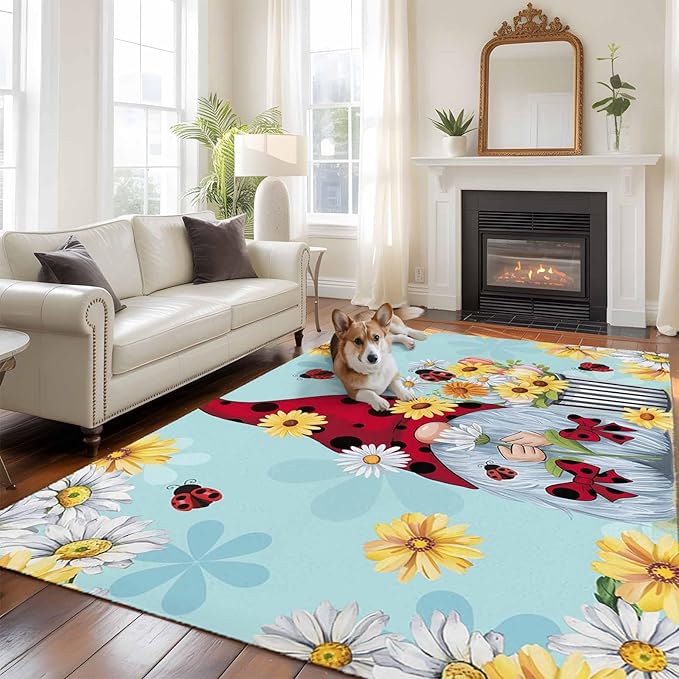 Area Rug 6x9ft, Summer Ladybug Gnome Daisy Flower Washable Rugs for Living Room Bedroom, Watercolor Bloom Floral on Blue Soft Non-Slip Area Rugs Rectangle Floor Carpet for Dining Room