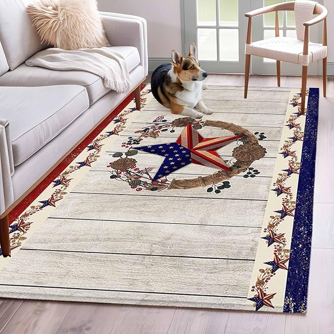 Area Rug 3x5ft, Retro USA Flag Star and Berry Washable Rugs for Living Room Bedroom, Wooden Texture Soft Non-Slip Area Rugs Rectangle Floor Carpet for Dining Room
