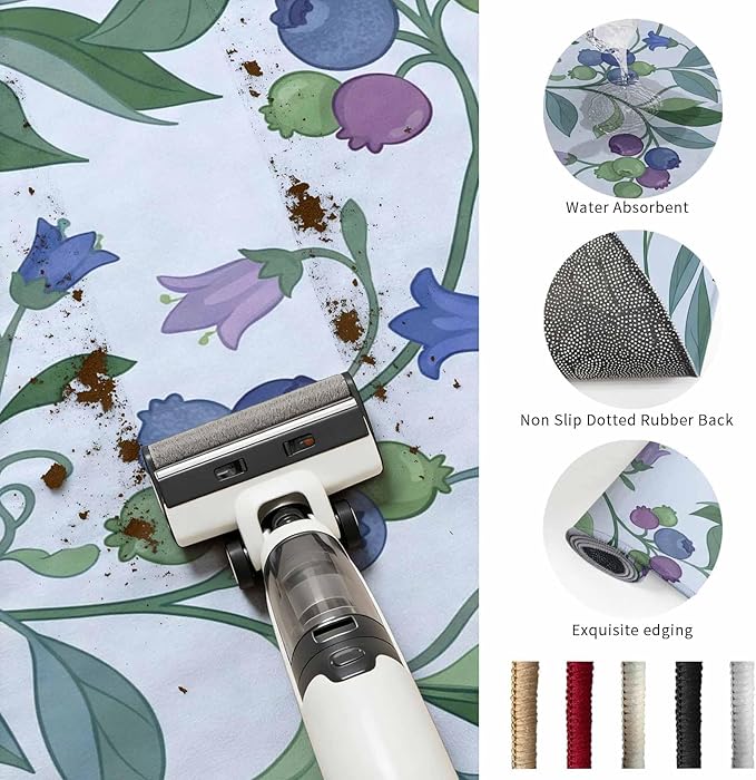 Area Rug 3x5ft, Blueberries Bell Flowers Washable Rugs for Living Room Bedroom, Modern Watercolor Plants Soft Non-Slip Area Rugs Rectangle Floor Carpet for Dining Room
