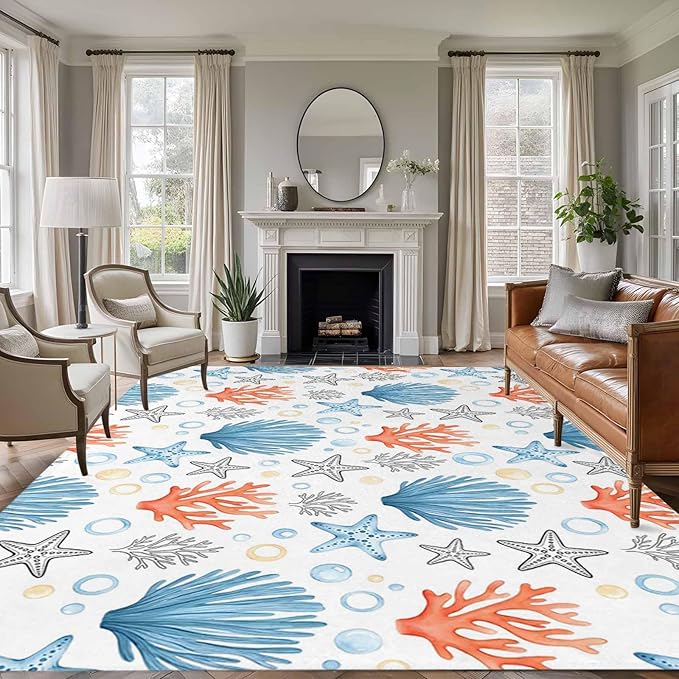 Area Rug 8x10ft, Coastal Starfish Shell Coral Washable Rugs for Living Room Bedroom, Ocean Bubble Blue Black Orange Soft Non-Slip Area Rugs Rectangle Floor Carpet for Dining Room