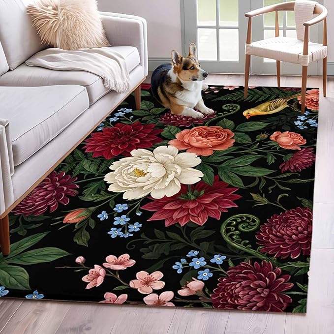 Area Rug 4x6ft, Pastoral Colorful Flower Leaf Washable Rugs for Living Room Bedroom, Country Blossom Floral Bird Soft Non-Slip Area Rugs Rectangle Floor Carpet for Dining Room