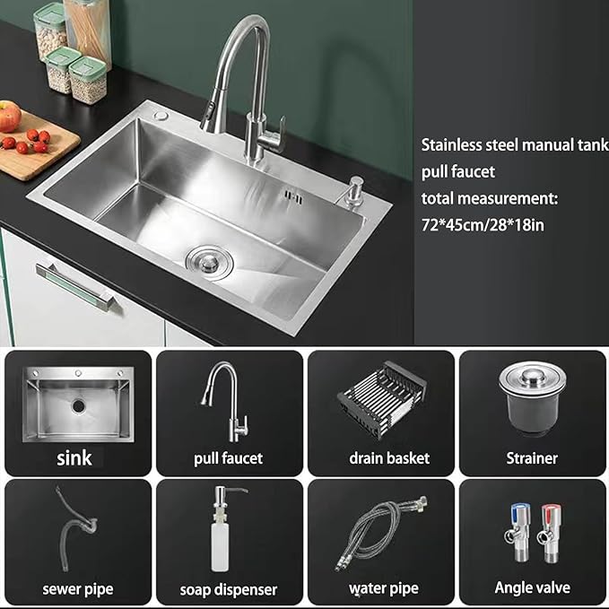 Built-in stainless steel sink, stainless steel kitchen sink, stainless steel practical sink, 20cm deep tank body, overflow hole design, prevent overflow, suitable for kitchen, restaurant ( Size : 72*4