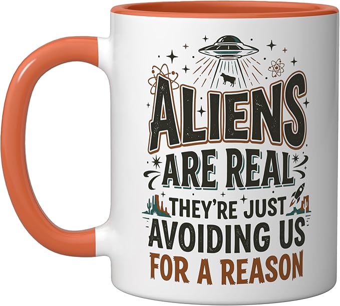 Aliens UFO Space Sci Fi Believer Extraterrestrial Ceramic Mug, Orange/White