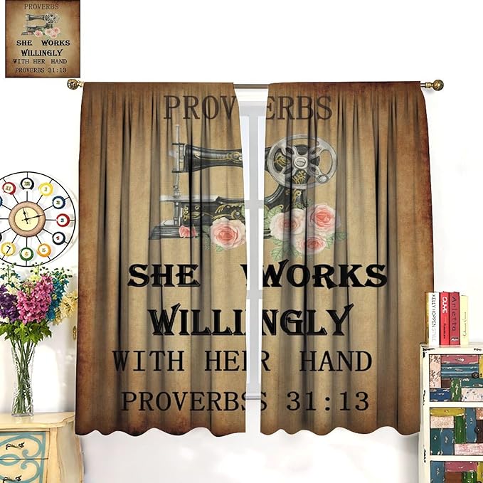 Sewing Machine Blackout Curtain,Vintage Rustic Sewing Theme Flower Rose Cloth Farbic Window Curtains for Bedroom Cafe Dining Room Office Living Room Kitchen Drapes, 52x84 in