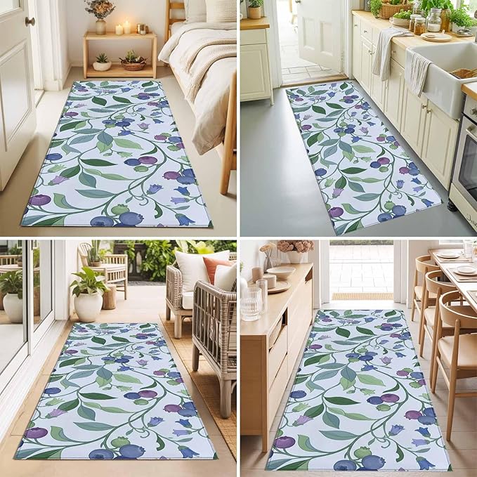 Runner Rug for Bedroom Hallway, Blueberries Bell Flowers Kitchen Runner Rugs Area Rug 2x6ft, Modern Watercolor Plants Washable Soft Floor Carpet for Entryway Stair