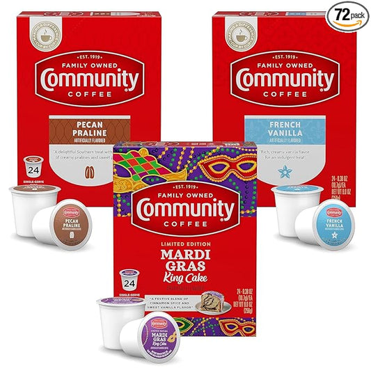 Community Coffee Flavored Pods Variety Pack,72 Count, Medium Roast and Flavored, Compatible with Keurig 2.0 K-Cup Brewers (24 Count, Pack of 3)