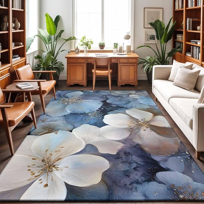 Area Rug 9x12ft, Watercolor White Navy Blue Floral Foliage Washable Rugs for Living Room Bedroom Rectangle Floor Carpet, Abstract Flower Soft Non-Slip Area Rugs for Dining Room