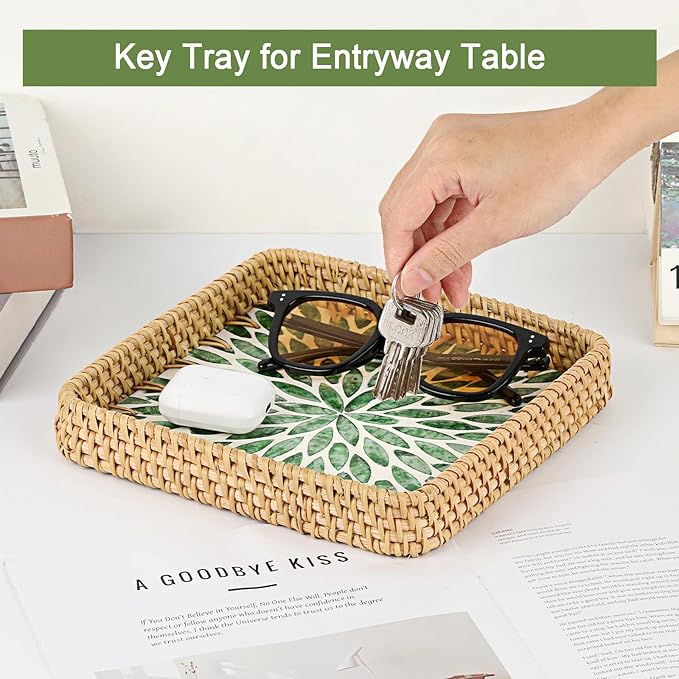 Woven Key Basket for Entryway Table Wicker Basket Tray Key Holder Decorative Serving Tray with Mother-of-Pearl Inlay for Jewelry, Green