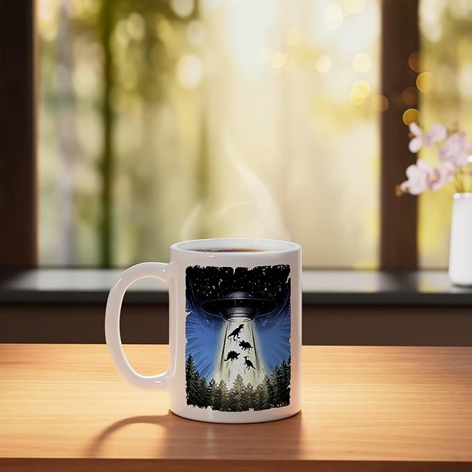 UFO Dinosaur Alien Abduction Flying Saucer Conspiracy Ceramic Mug, White