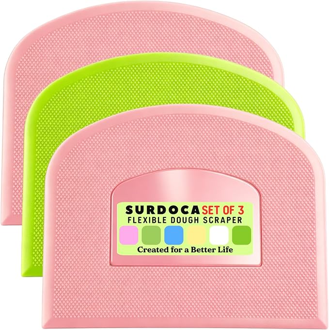 SURDOCA Dough Scraper Bench Scraper - 3P 8.3x5.5" Plastic Flexible Bowl Scraper, Sharp Edge & Angles Cake Scraper. Non-Slip Bakeware Decorating Tools Sculpting & Modeling Tools - Pink+Green+Pink