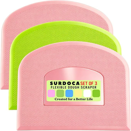 SURDOCA Dough Scraper Bench Scraper - 3P 8.3x5.5" Plastic Flexible Bowl Scraper, Sharp Edge & Angles Cake Scraper. Non-Slip Bakeware Decorating Tools Sculpting & Modeling Tools - Pink+Green+Pink