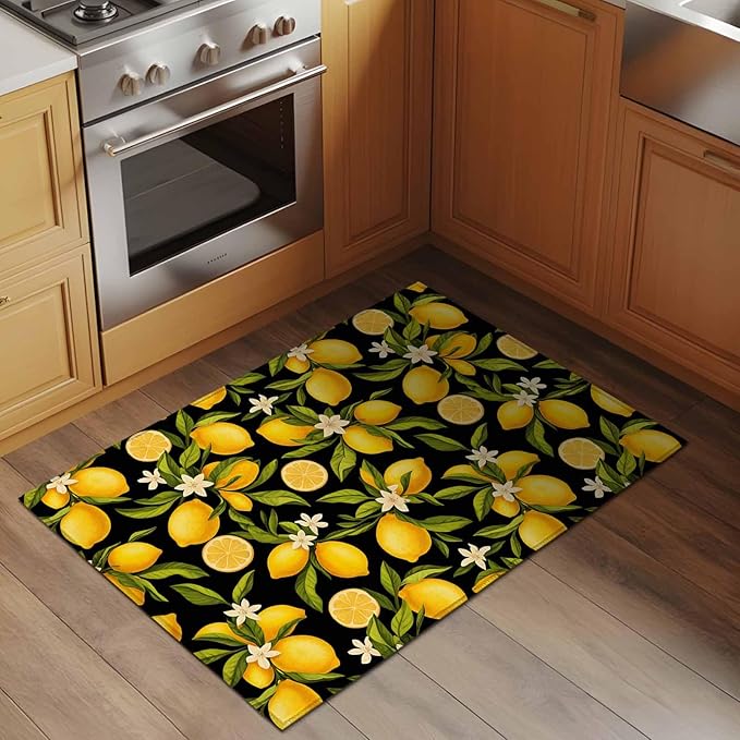 Area Rug 2x3ft, Summer Lemon Flower Washable Rugs for Living Room Bedroom, Plant on Black Soft Non-Slip Area Rugs Rectangle Floor Carpet for Dining Room