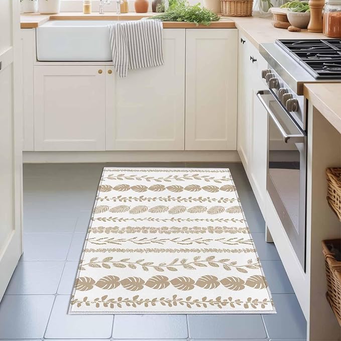 Area Rug 2x3ft, Farmhouse Monstera Leaf Seamless Washable Rugs for Living Room Bedroom, Summer Rustic Abstract Leaves Soft Non-Slip Area Rugs Rectangle Floor Carpet for Dining Room