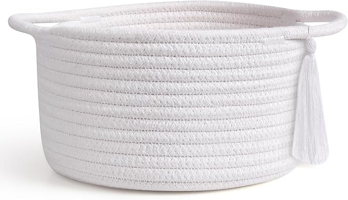 Small White Gift Basket Empty to Fill – SweetMemo Cute Decorative Woven Baskets with cellophane wrap for Kids, Baby Shower, Desk, Bathroom, Holiday Gifting – Mini Decor Cotton Rope Bin with Handles