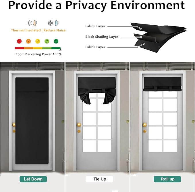 WdFour Small French Door Curtains with Silky Feel Thermal Insulated Noise Reducing Blackout Curtains for Glass Door Office (25W x 80L, 1 Panel, Black)