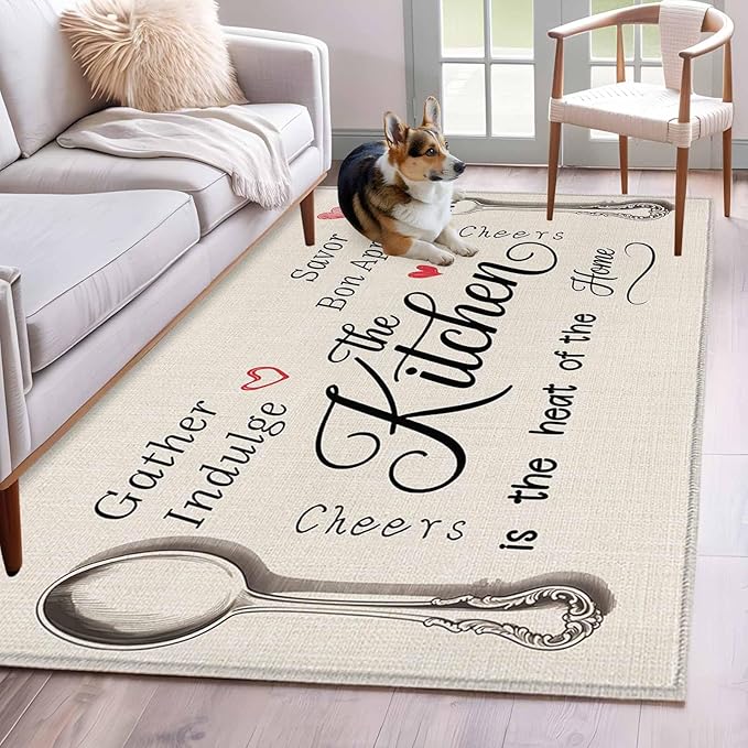Area Rug 3x5ft, Spoon Fork Vintage Farmhouse Washable Rugs for Living Room Bedroom, Abstract Love Retro Linen Soft Non-Slip Area Rugs Rectangle Floor Carpet for Dining Room