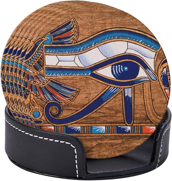 Ancient Egyptian Leather Drinks Coasters with Holder, Set of 6, Suitable for Various Cups