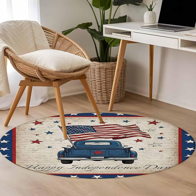 Washable Round Area Rug Happy Independence Day USA Flag Circle Rugs Floor Carpet for Living Room Bedroom, Retro Blue Truck Soft Non Slip Round Rug 4ft